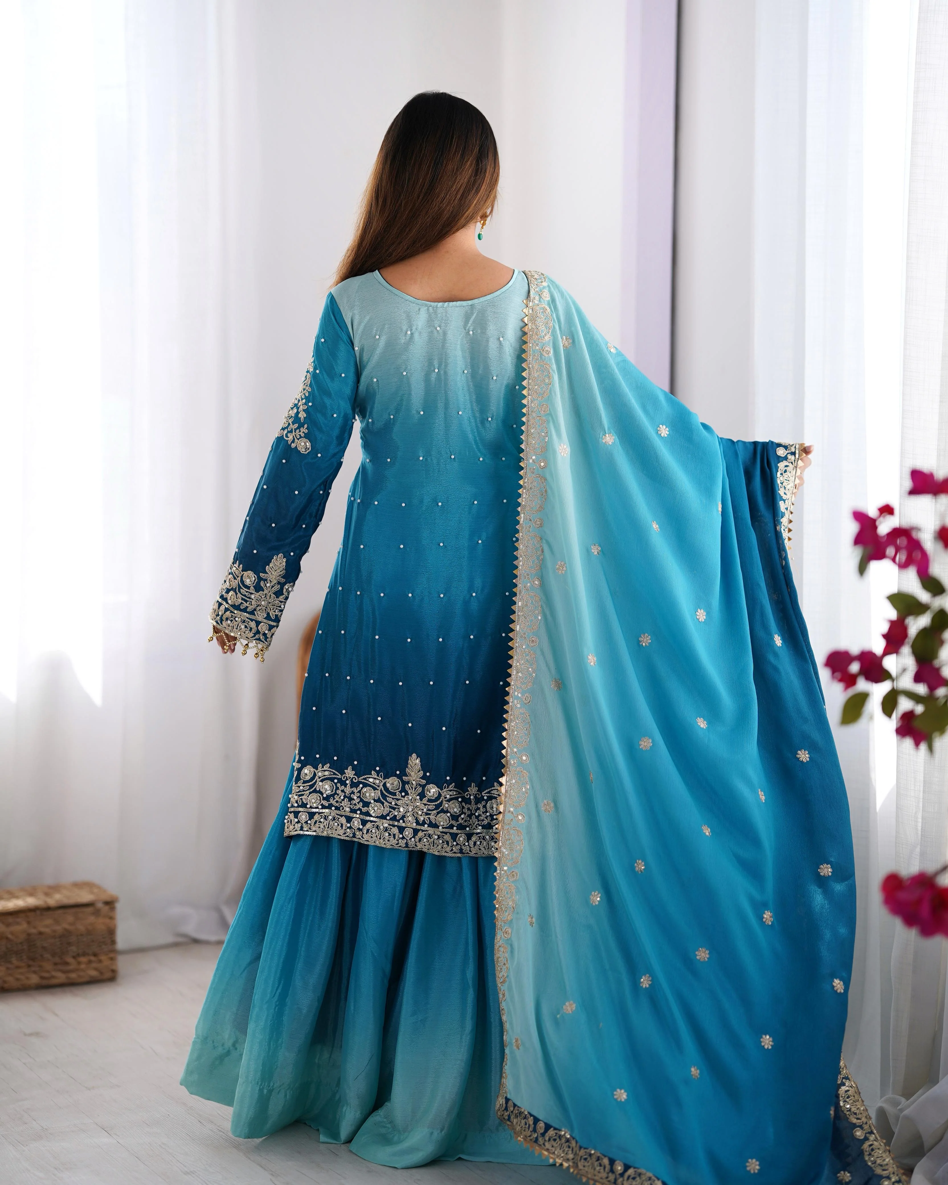 Beautiful Designer Chinon Silk Sequence With Rivet Moti Work Sharara - Image 5