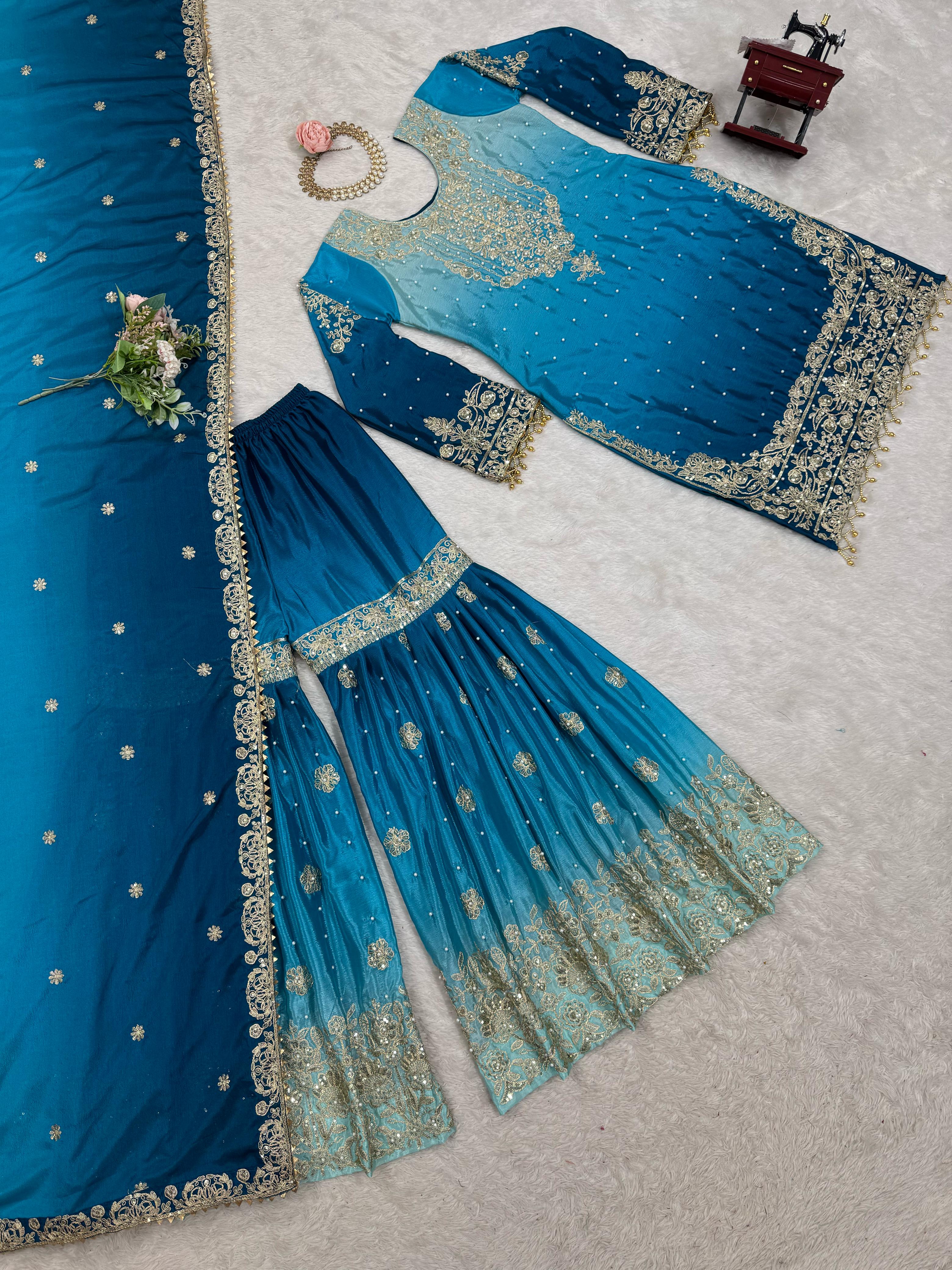 Beautiful Designer Chinon Silk Sequence With Rivet Moti Work Sharara - Image 9