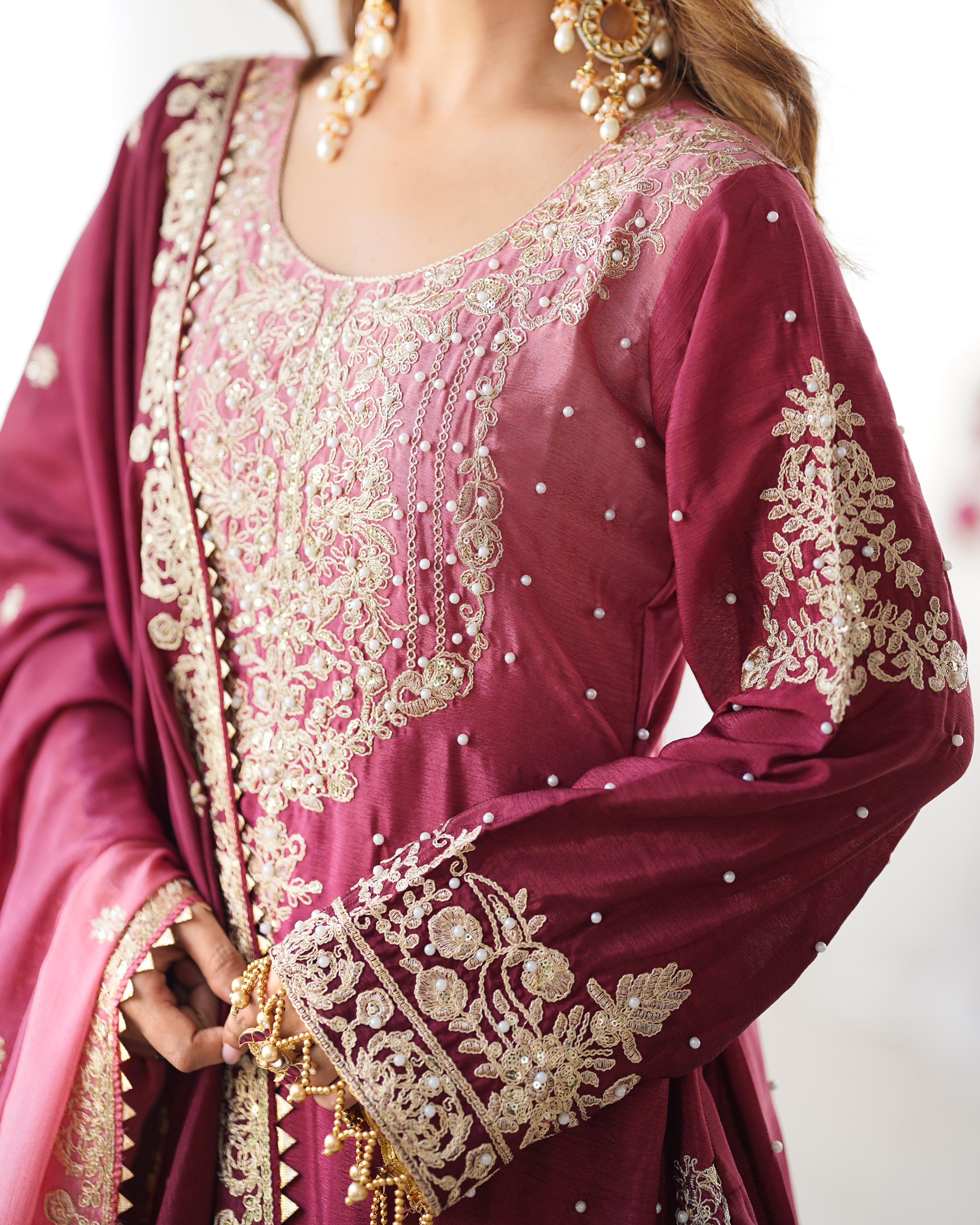 Beautiful Designer Chinon Silk Sequence With Rivet Moti Work Sharara - Image 4