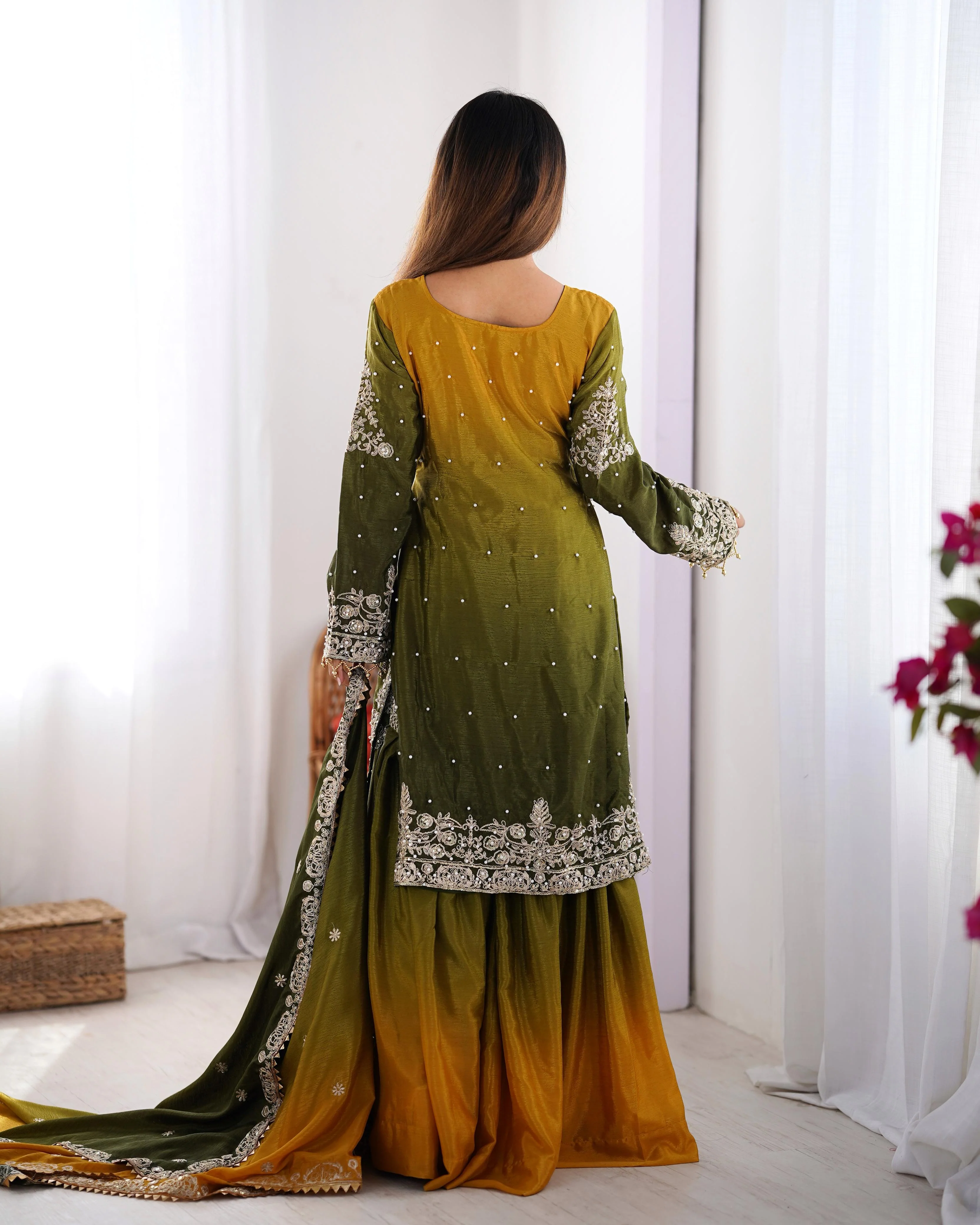 Beautiful Designer Chinon Silk Sequence With Rivet Moti Work Sharara - Image 3