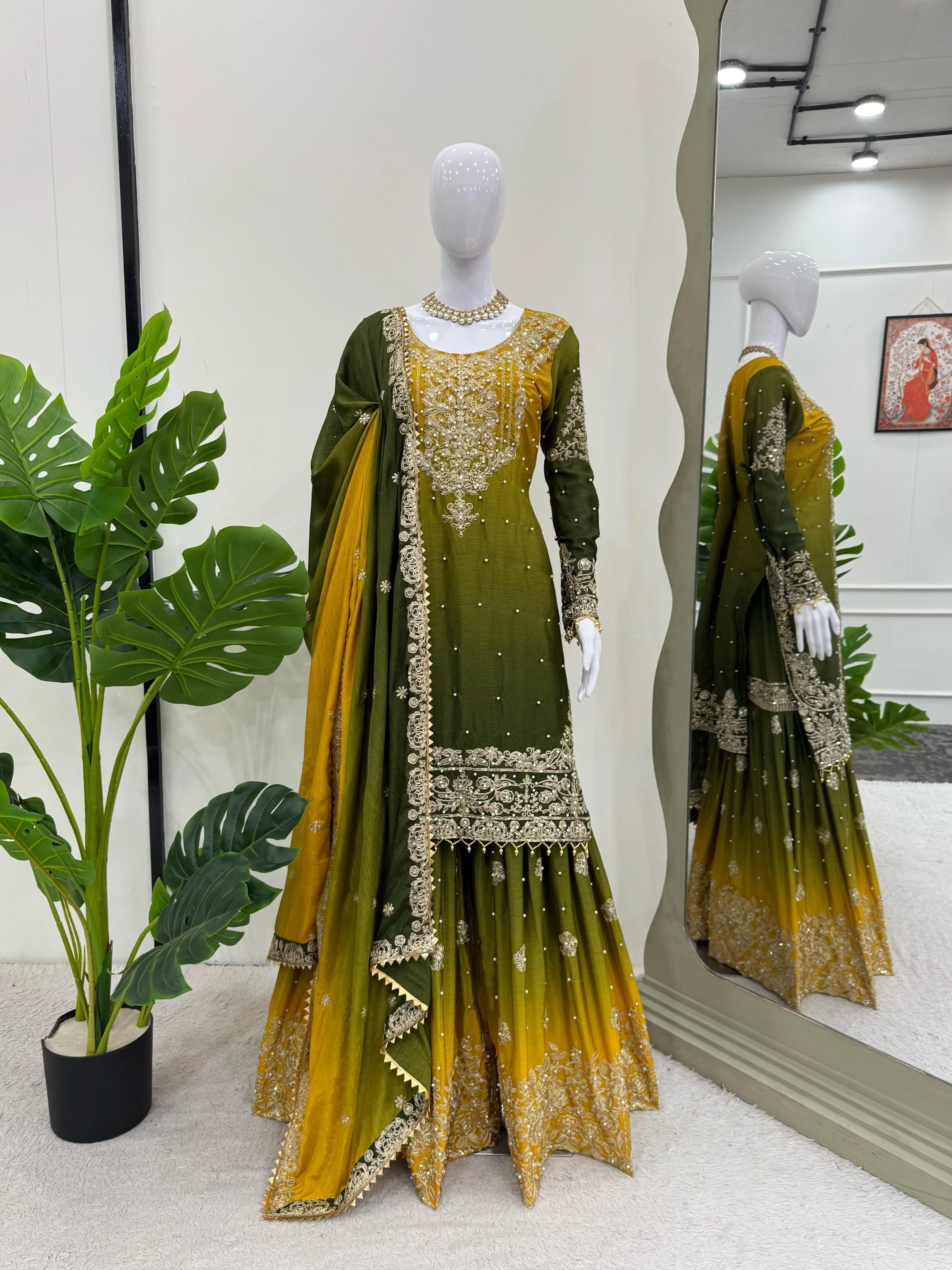 Beautiful Designer Chinon Silk Sequence With Rivet Moti Work Sharara - Image 4