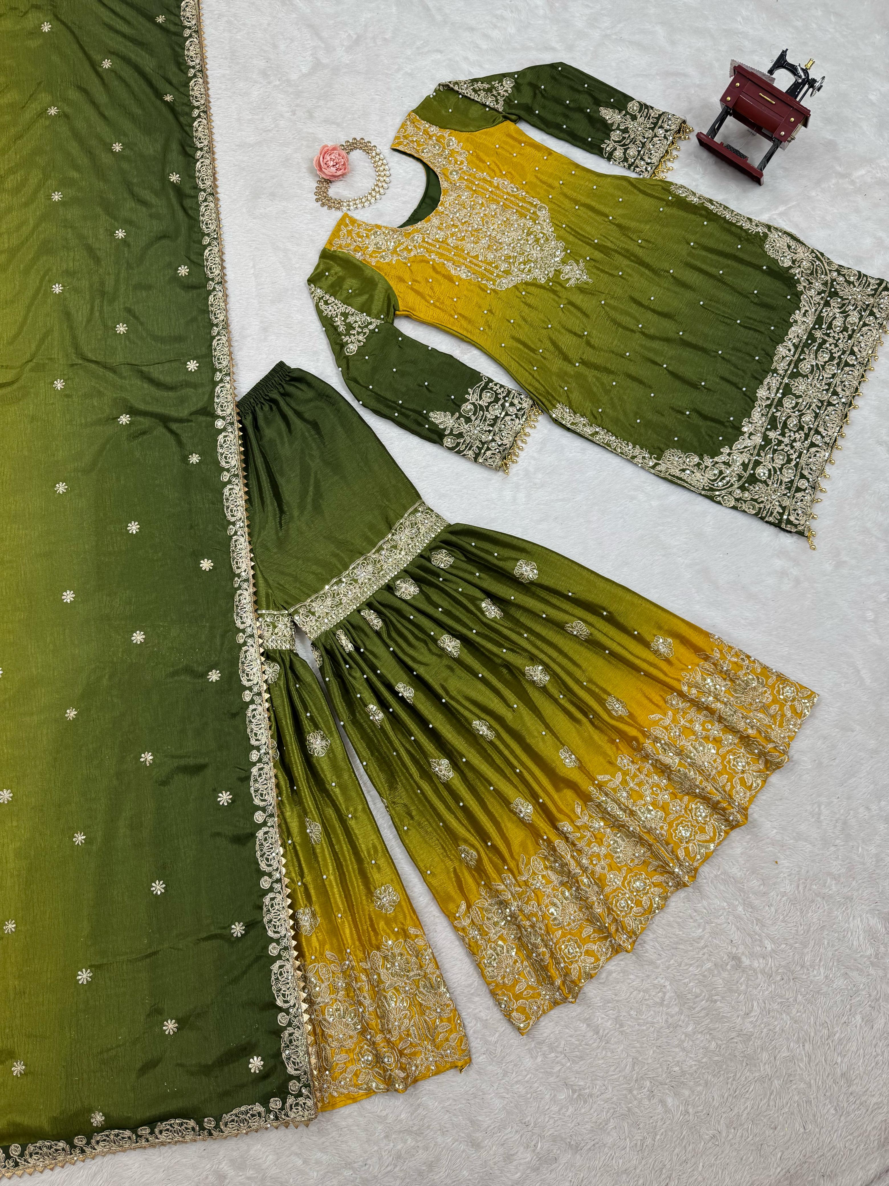 Beautiful Designer Chinon Silk Sequence With Rivet Moti Work Sharara - Image 5