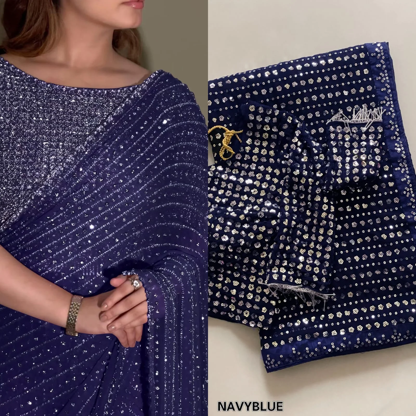 Bollywood Blockbuster Georgette Sequence Multi Embroidery Work Designer Saree - Image 3