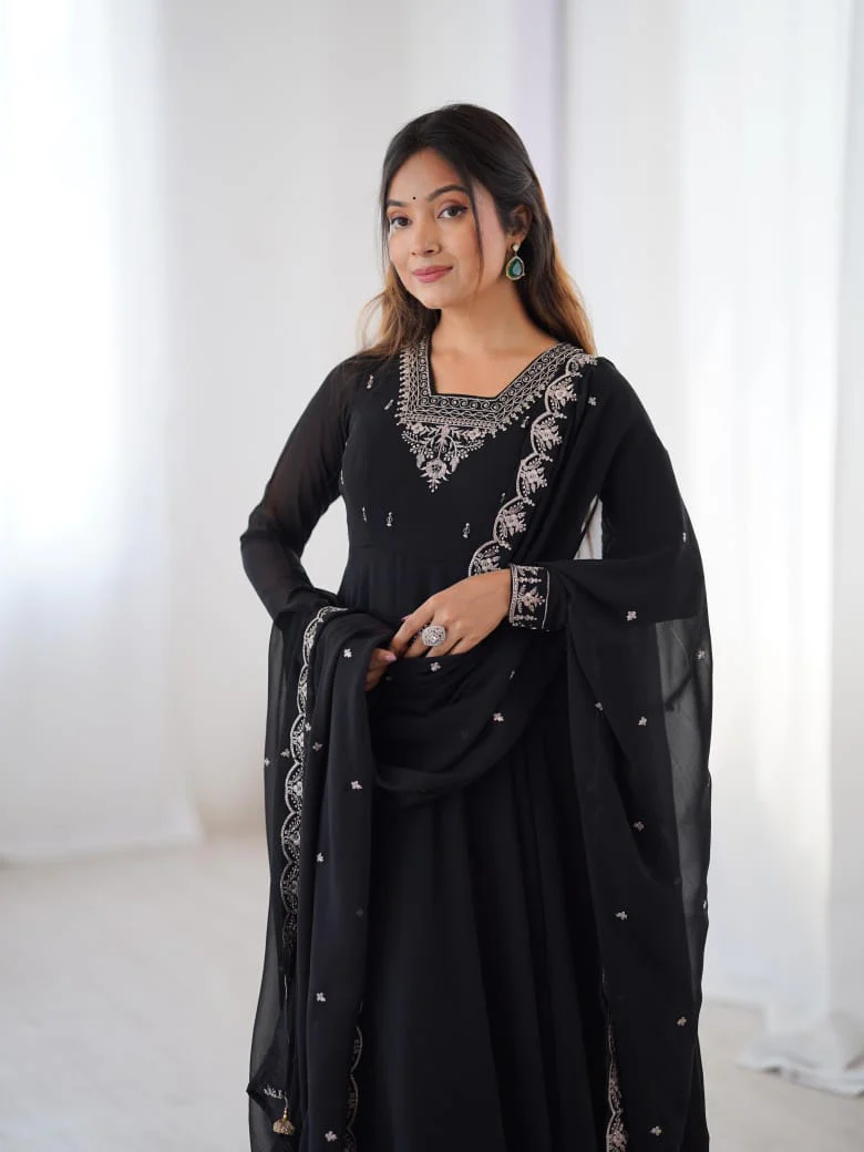 Designer Black Georgette Embroidery Work Gown - Image 4