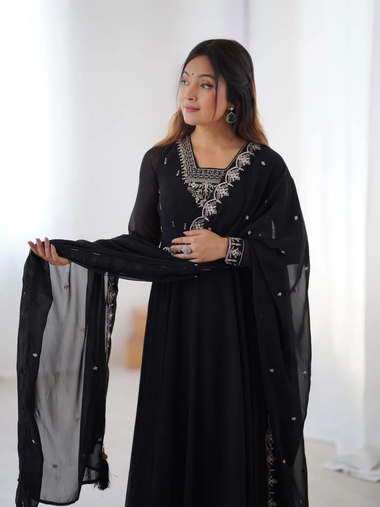 Designer Black Georgette Embroidery Work Gown - Image 5