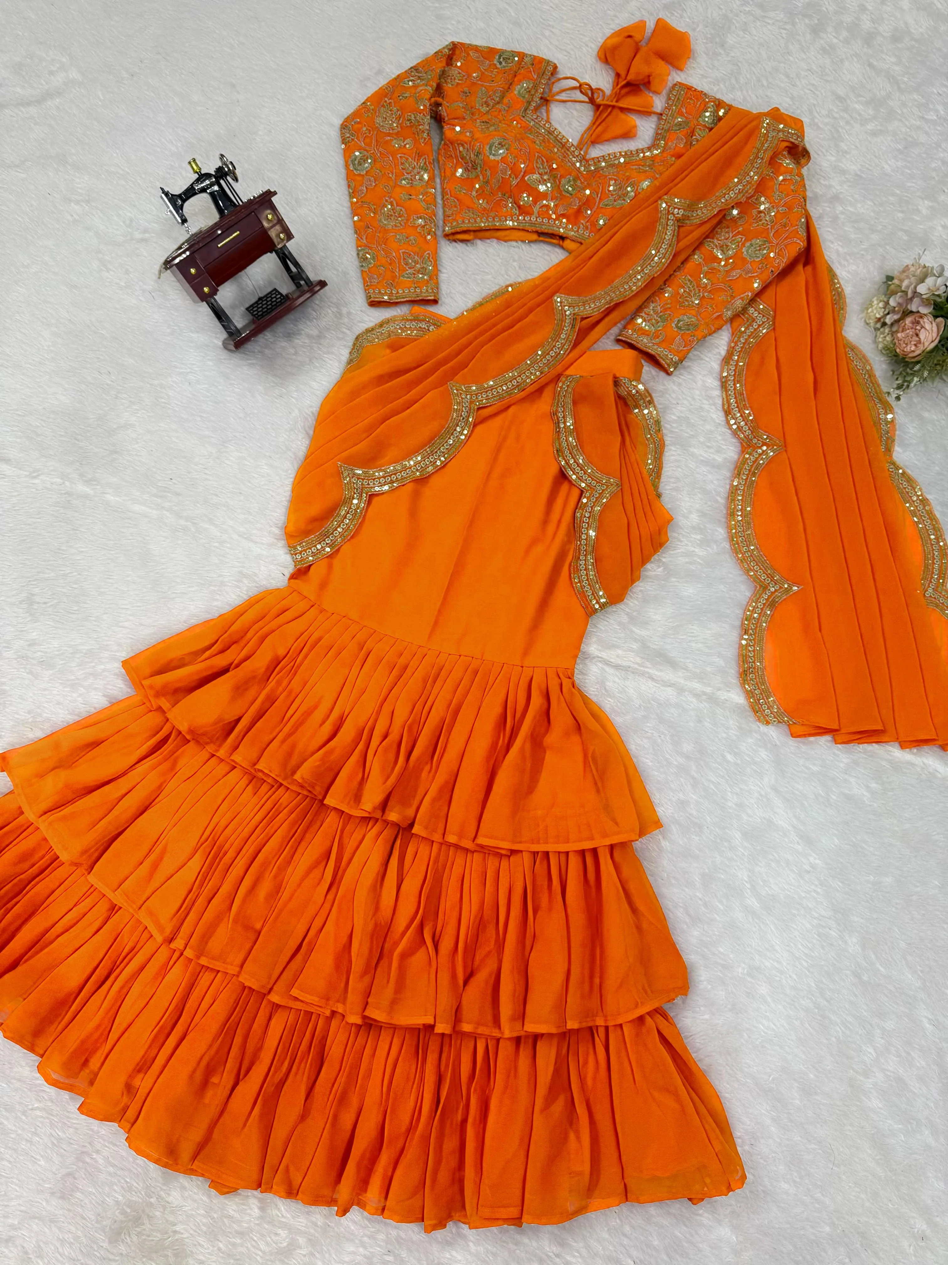 Party-wear Georgette Elegant Thread With Sequence Embroidery Work Lehenga Saree - Image 4