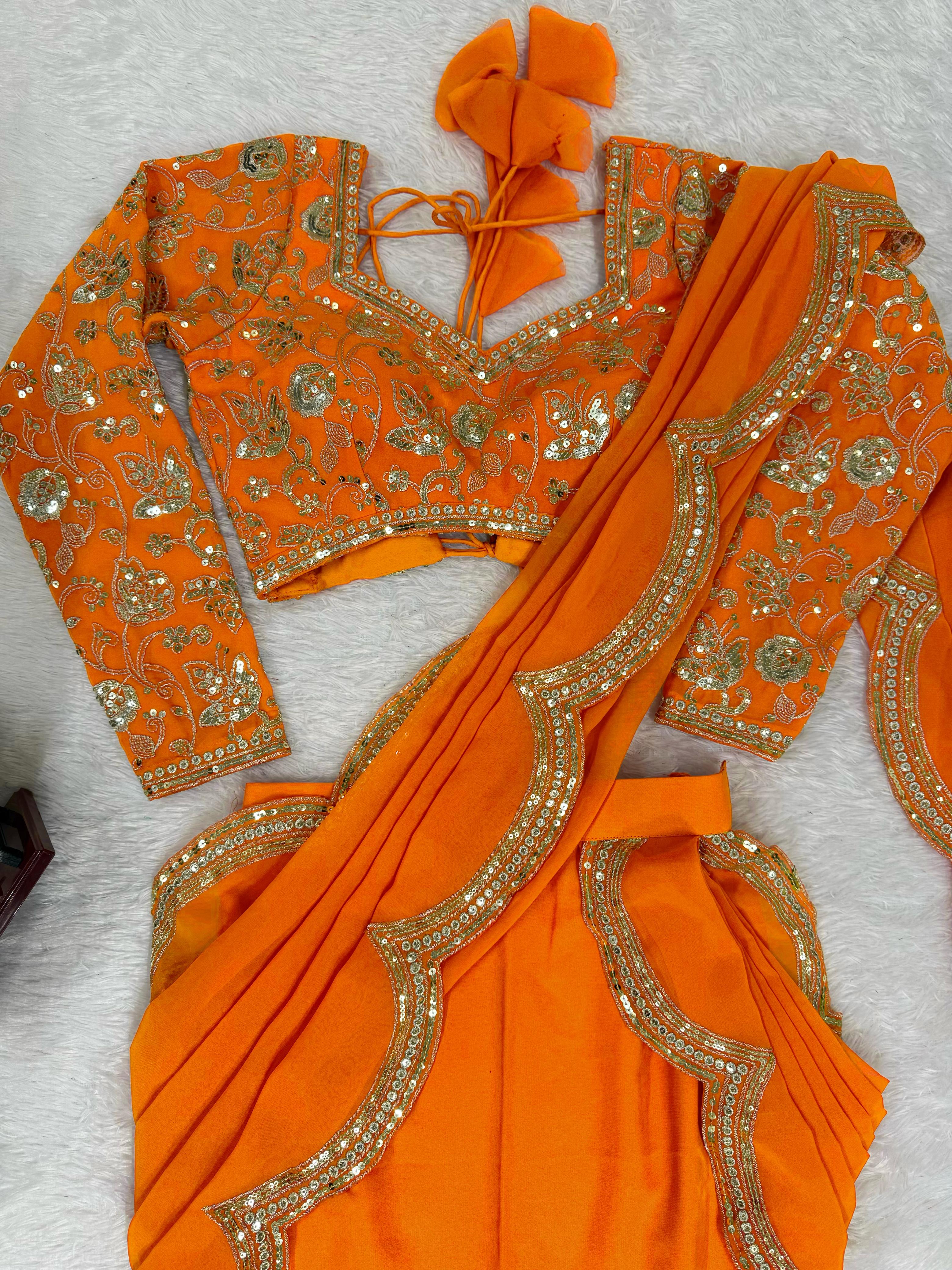 Party-wear Georgette Elegant Thread With Sequence Embroidery Work Lehenga Saree - Image 5