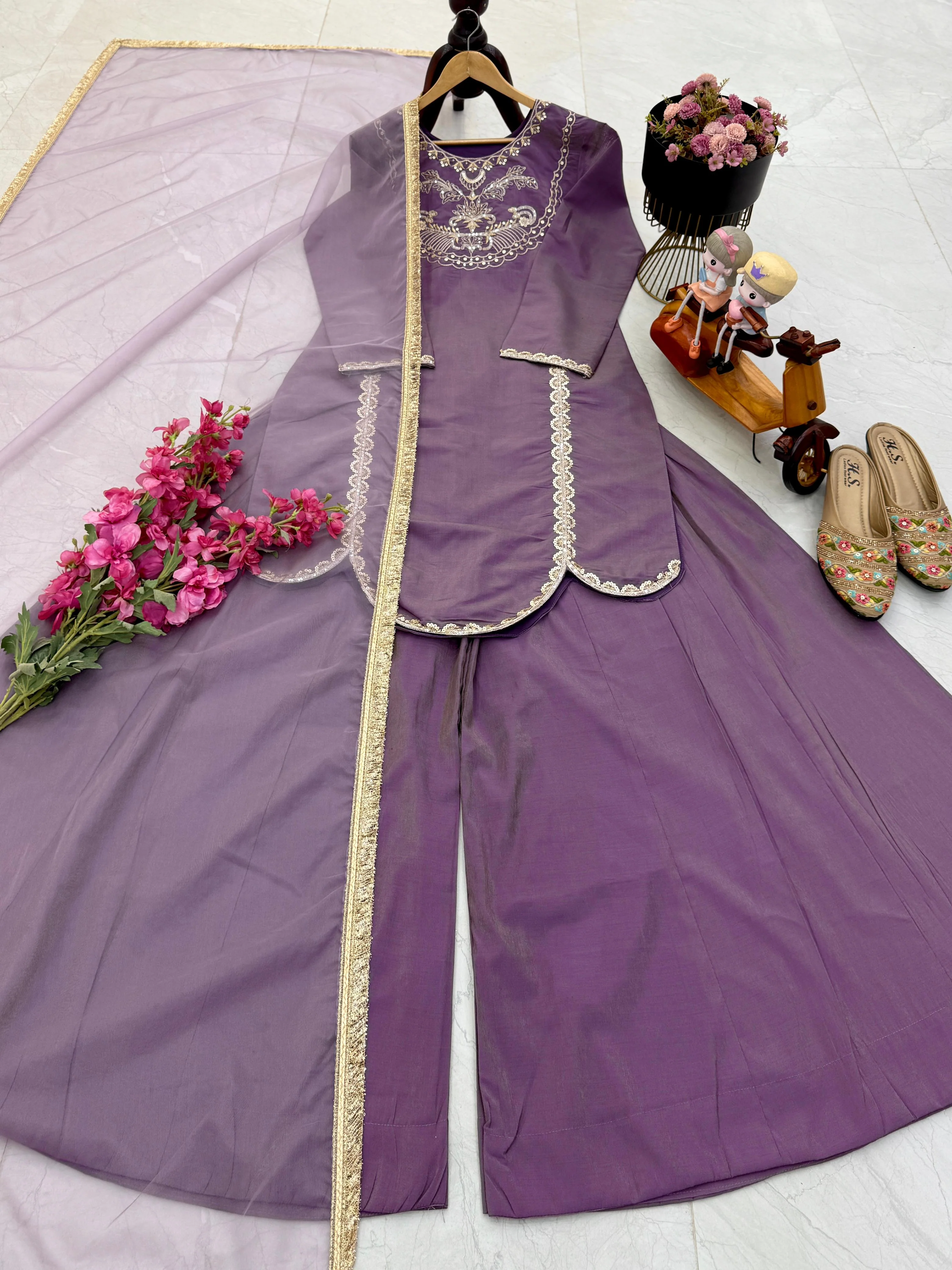 Party-wear Roman Simmer Silk Sequence & Embroidery Work Sharara - Image 6