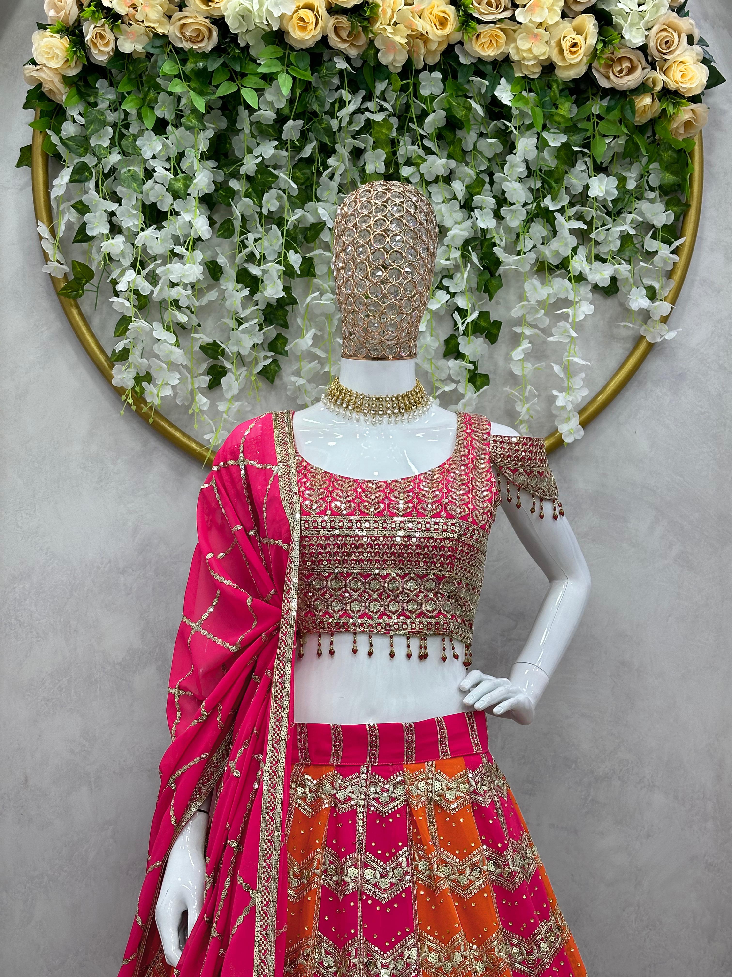 Party-wear Sequence Work Georgette Orange Pink Cancan Lahenga Choli - Image 4